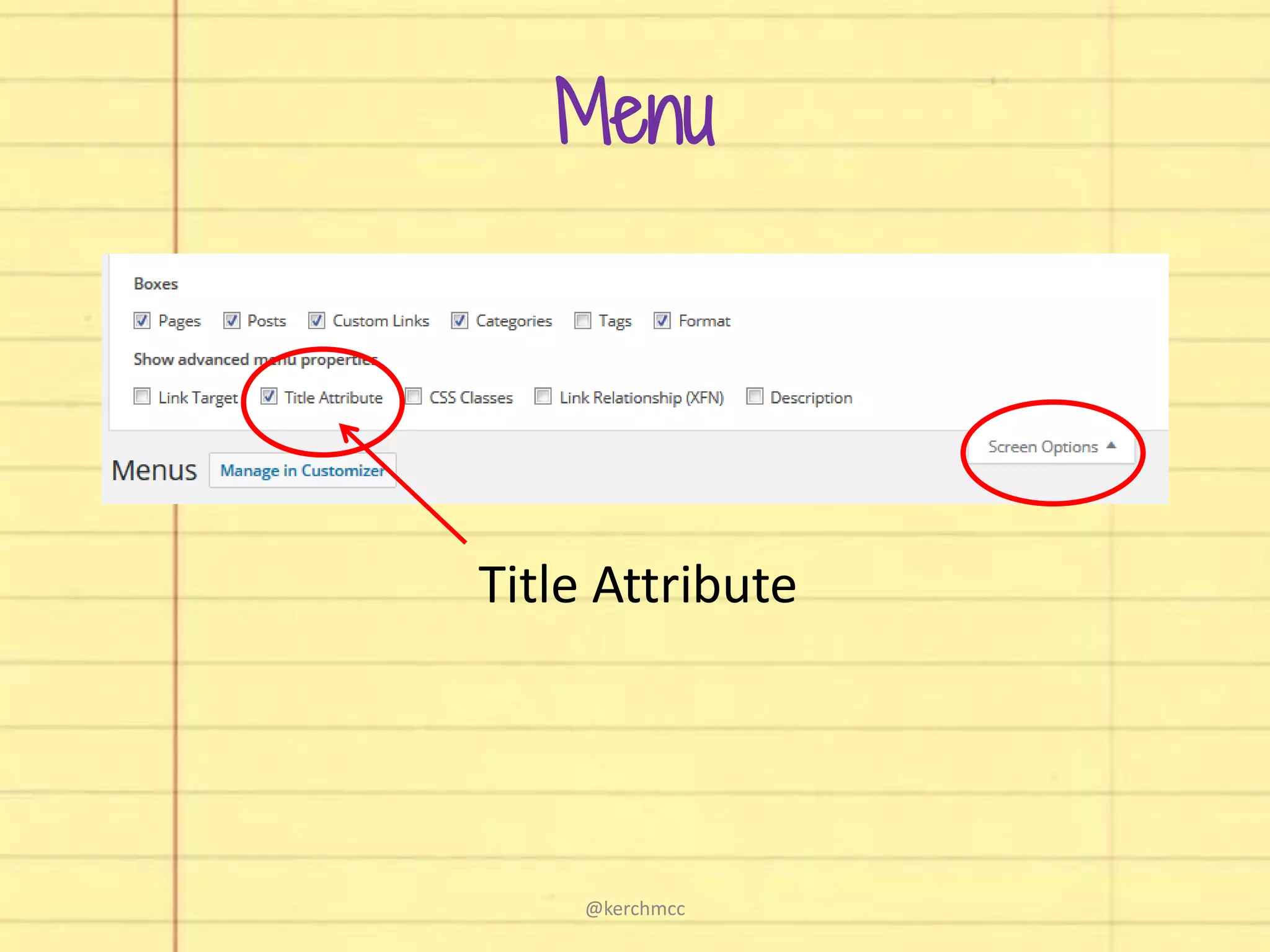 Menu
Title Attribute
@kerchmcc
 