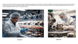 Design an ultra-realistic image of an aerospace engineer inspecting the components of a spacecraft in a cleanroom. Highlight the astronautical technology and the sterile environment
The image should convey a sense of meticulous attention to detail and safety protocols in a controlled, sterile environment An ultra-realistic photograph captured with a Sony α7 III
camera, equipped with an 85mm lens at F 1.2 aperture setting
Leonardo.ai Midjourney
 