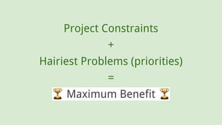 project constraints (type)
What’s our test budget?
How many sets of tests can we run? (usually 8–12 ppl per)
Who’s in char...