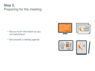 Step 2.
Preparing for the meeting
~ Get as much information as you
can beforehand
~ Set yourself a meeting agenda
 