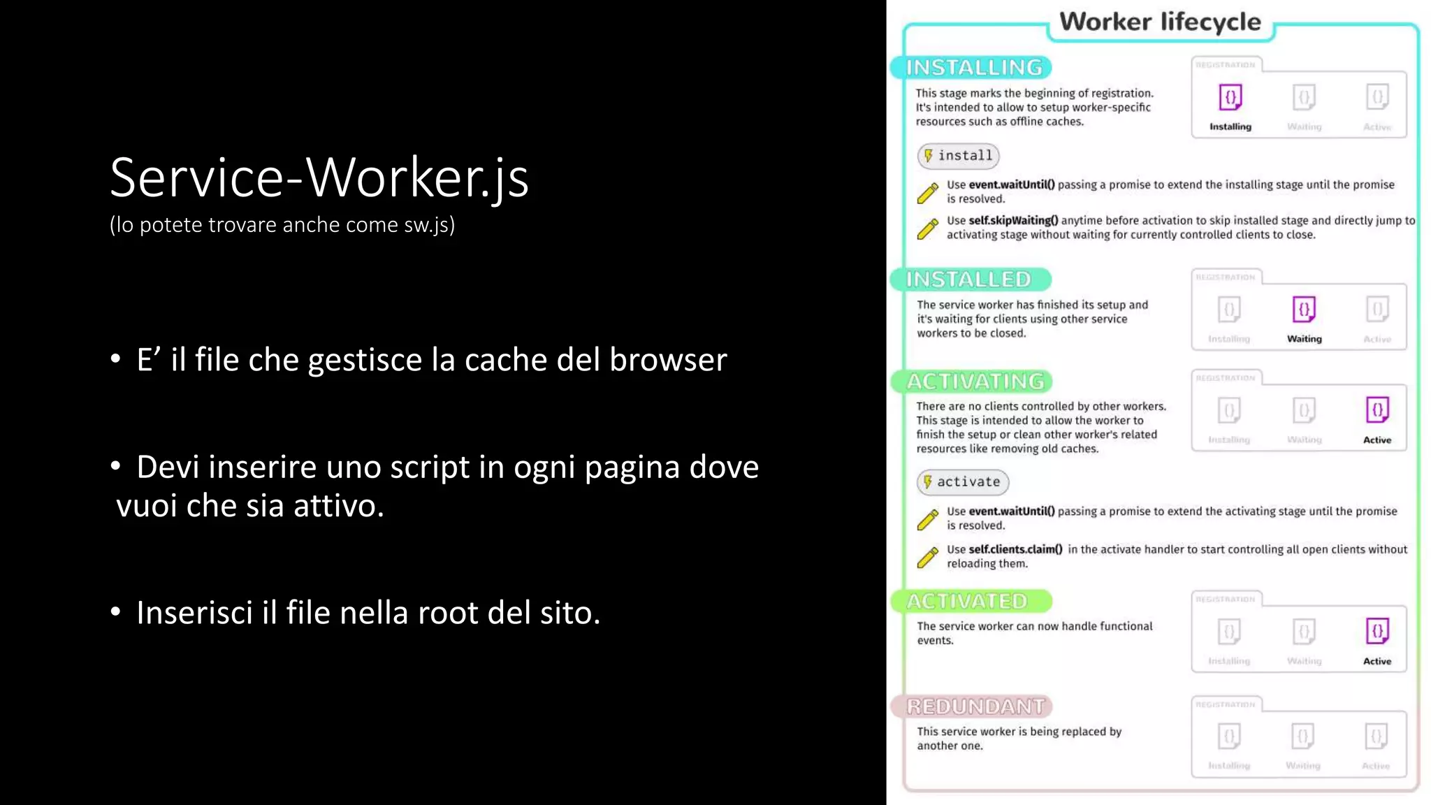 Service-Worker.js
(lo potete trovare anche come sw.js)
• E’ il file che gestisce la cache del browser
• Devi inserire uno script in ogni pagina dove
vuoi che sia attivo.
• Inserisci il file nella root del sito.
 