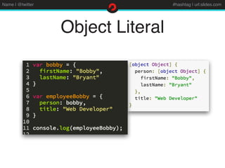 Name | @twitter #hashtag | url:slides.com
Object Literal
 