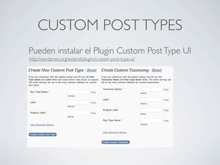 CUSTOM POST TYPES
Pueden instalar el Plugin Custom Post Type UI
http://wordpress.org/extend/plugins/custom-post-type-ui/
 