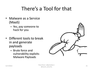 There’s a Tool for that
• Malware as a Service
(MaaS)
– Yes, pay someone to
hack for you
• Different tools to break
in and generate
payloads
– Brute force and
vulnerability exploits
Malware Payloads
5/17/2014
Tony Perez | @perezbox |
@sucuri_security
15
 