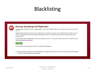 Blacklisting
5/17/2014
Tony Perez | @perezbox |
@sucuri_security
22
 