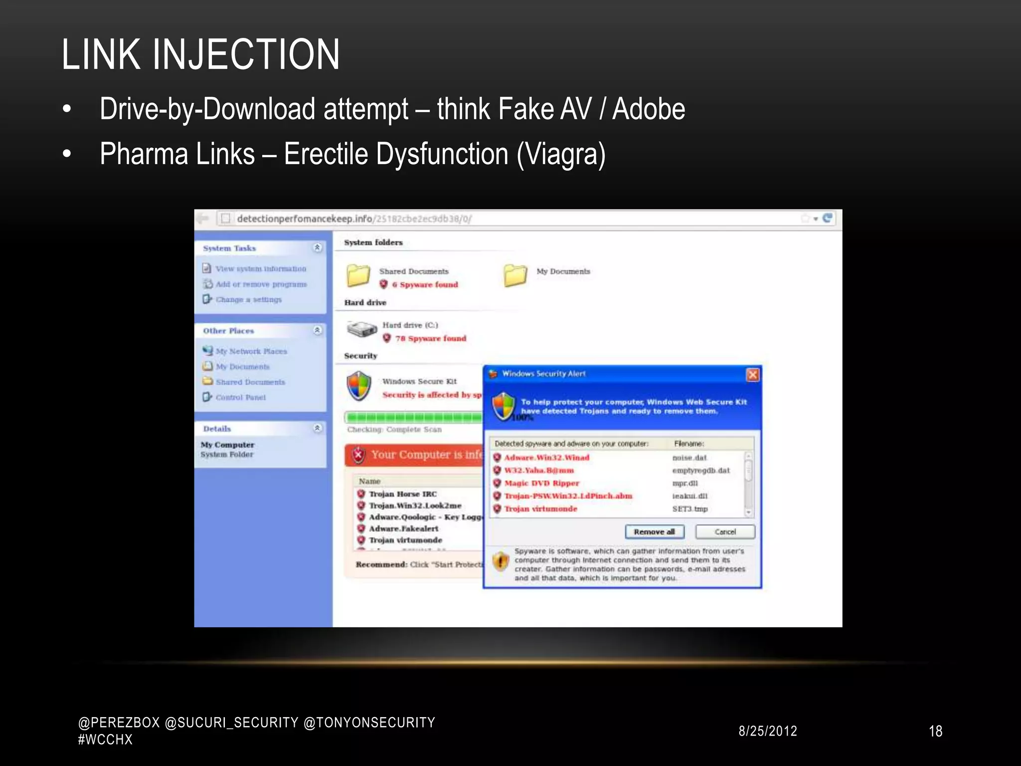 LINK INJECTION
• Drive-by-Download attempt – think Fake AV / Adobe
• Pharma Links – Erectile Dysfunction (Viagra)




 @PEREZBOX @SUCURI_SECURITY @TONYONSECURITY
 #WCCHX
                                                      10/15/2012   18
 