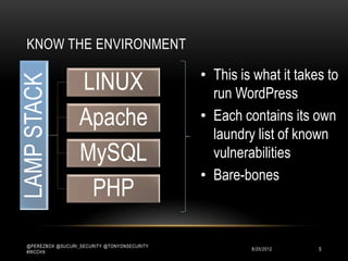 KNOW THE ENVIRONMENT

                                               • This is what it takes to
                    LINUX
LAMP STACK

                                                 run WordPress
                    Apache                     • Each contains its own
                                                 laundry list of known
                    MySQL                        vulnerabilities
                                               • Bare-bones
                     PHP

  @PEREZBOX @SUCURI_SECURITY @TONYONSECURITY
  #WCCHX
                                                        10/15/2012   5
 