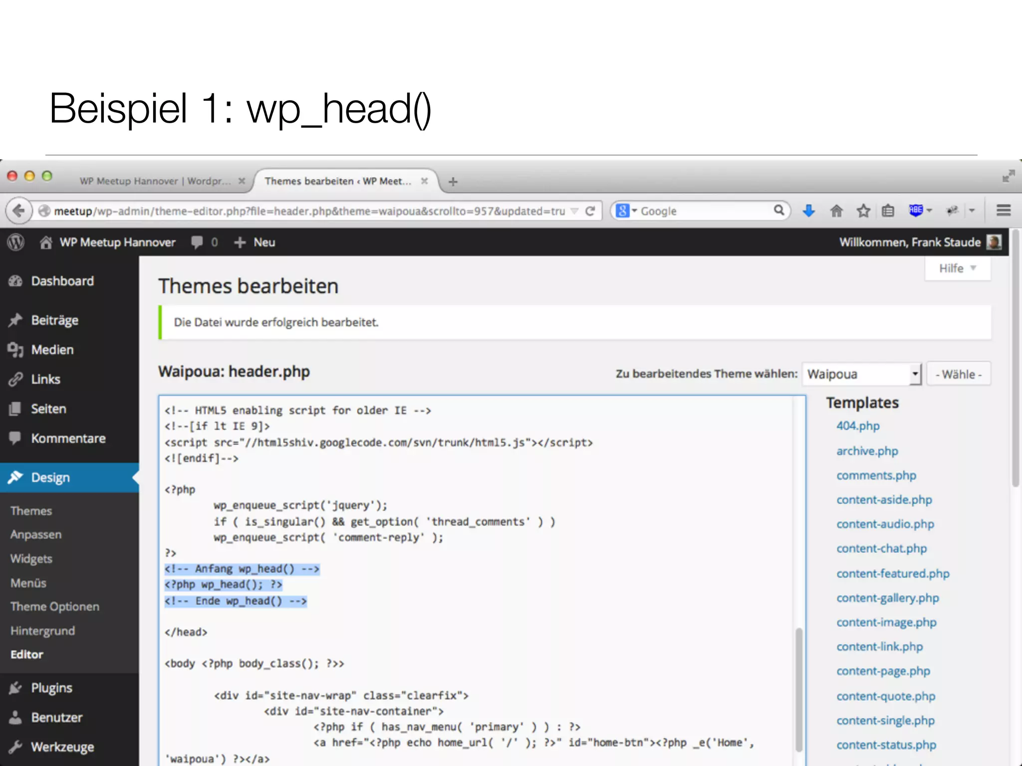 Beispiel 1: wp_head()
 