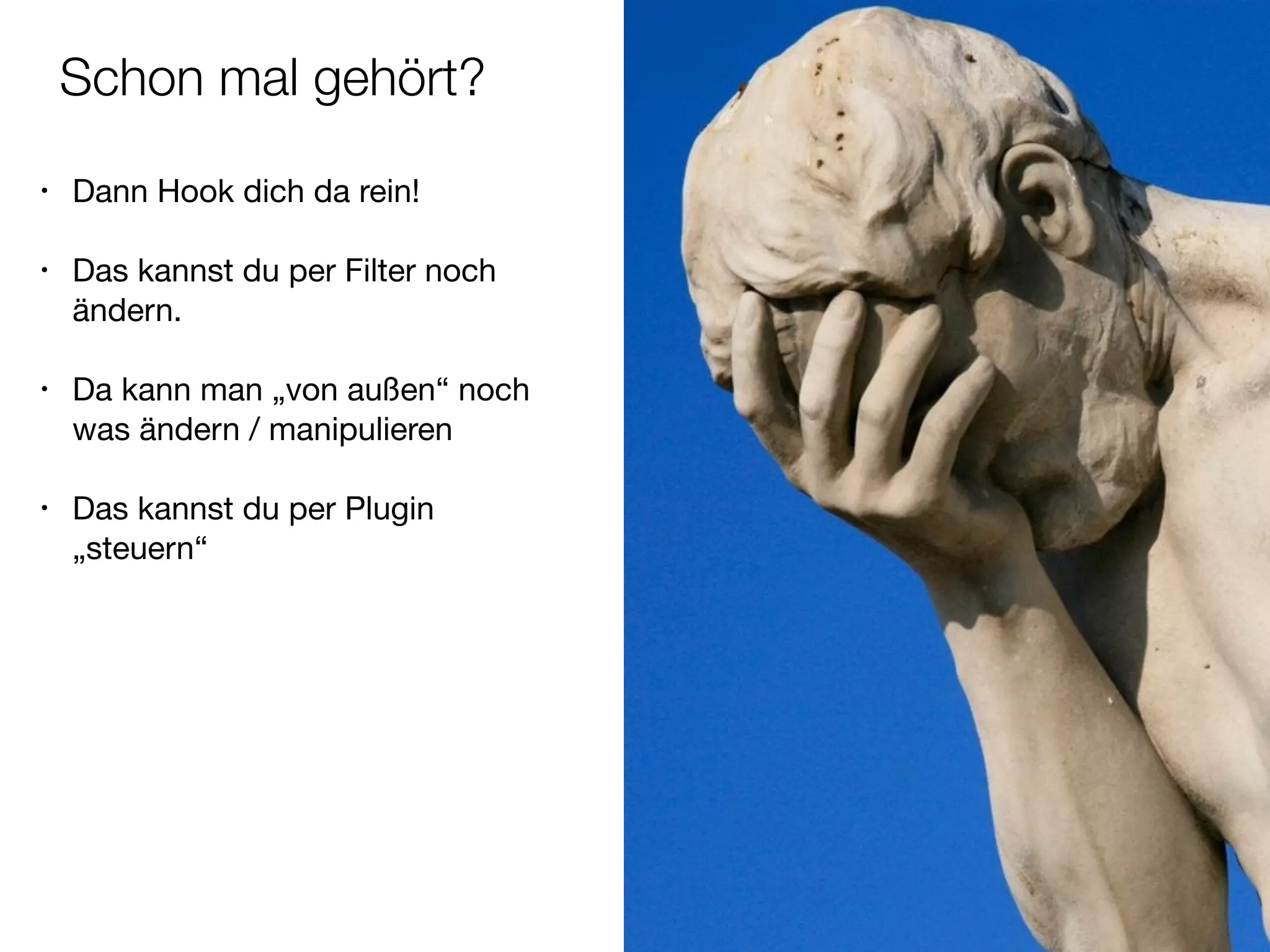 Schon mal gehört?
• Dann Hook dich da rein!

!
• Das kannst du per Filter noch
ändern.

!
• Da kann man „von außen“ noch
was ändern / manipulieren

!
• Das kannst du per Plugin
„steuern“
 