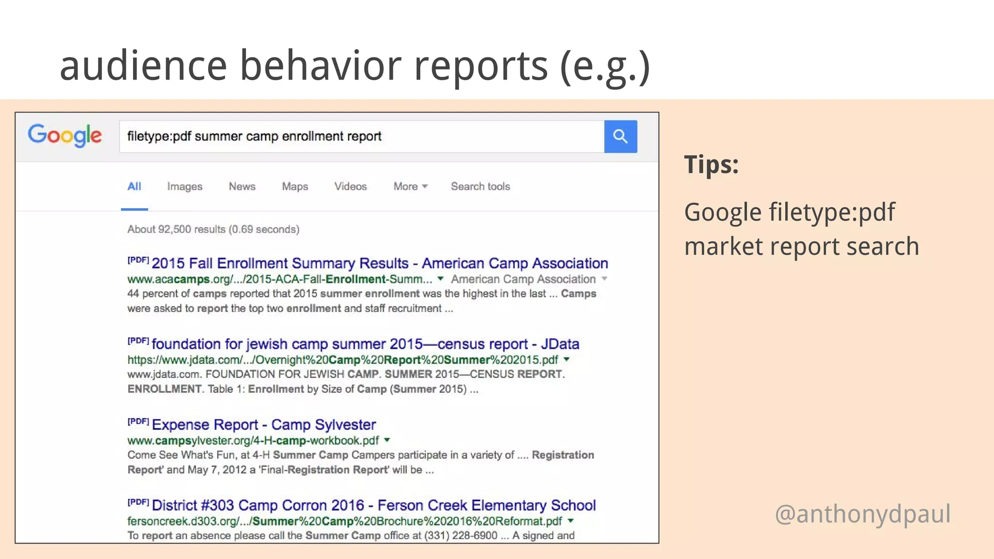 audience behavior reports (e.g.)
Tips:
Google filetype:pdf
market report search
@anthonydpaul
 
