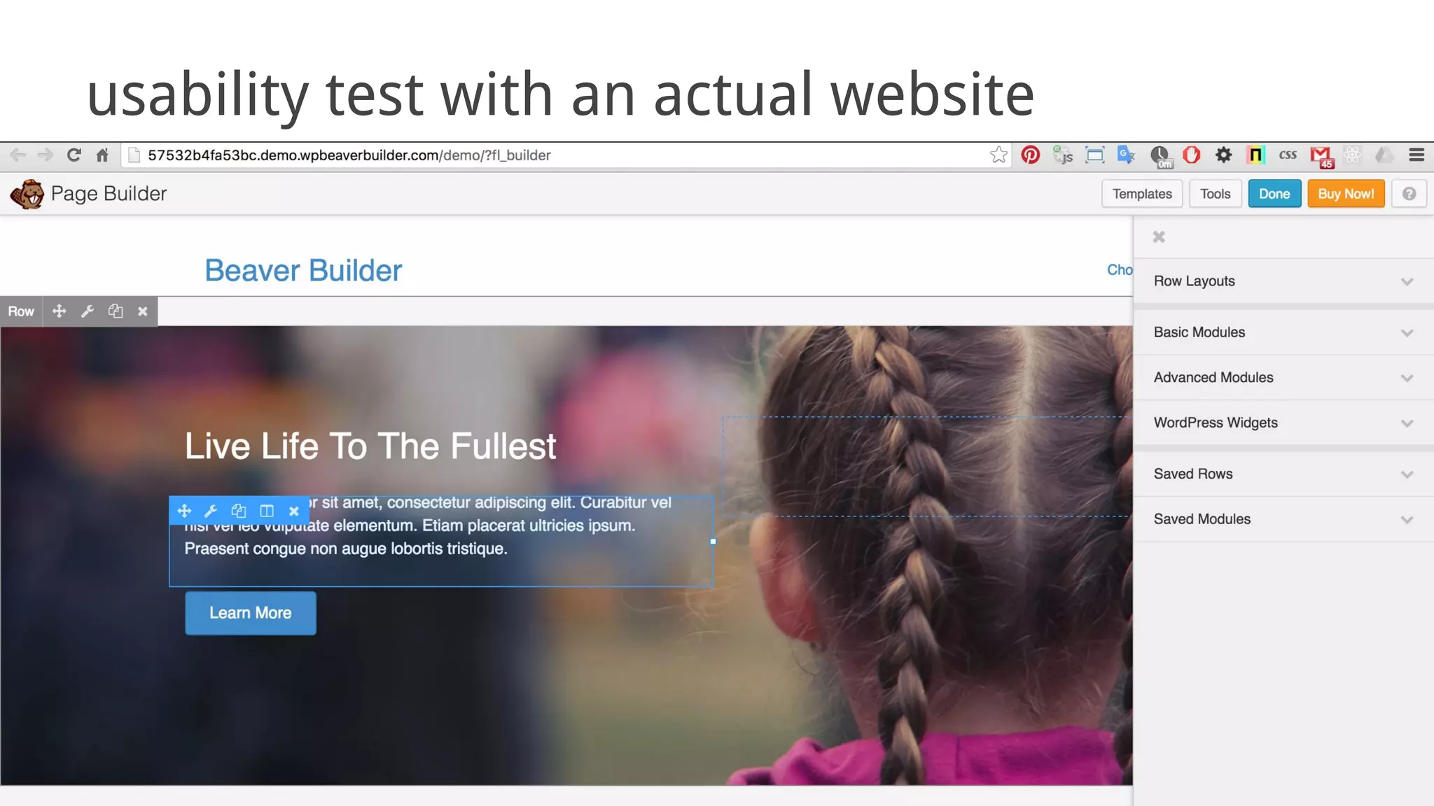 usability test with an actual website
 