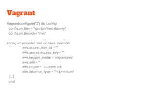 Vagrant
Vagrant.configure("2") do |config|
config.vm.box = "spartan/aws-dummy"
config.vm.provider "aws"
config.vm.provider :aws do |aws, override|
aws.access_key_id = ""
aws.secret_access_key = ""
aws.keypair_name = 'vagrantaws'
aws.ami = ""
aws.region = "eu-central-1"
aws.instance_type = "m3.medium"
[...]
end
 