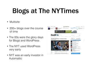 Blogs at The NYTimes
• Multisite
• 200+ blogs over the course
of time
• The 00s were the glory days
for Blogs and WordPres...