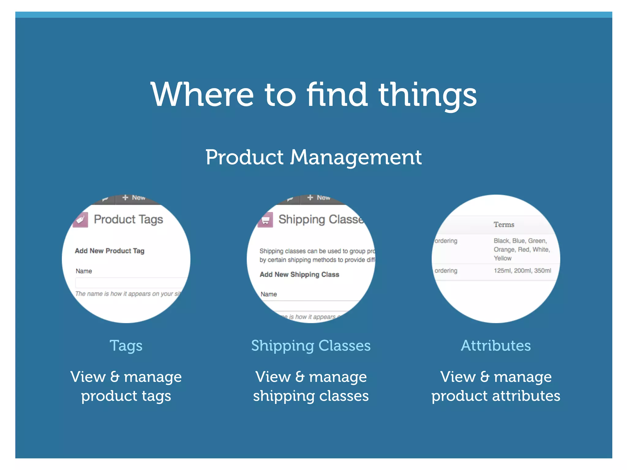 Tags
View & manage
product tags
Shipping Classes
View & manage
shipping classes
Attributes
View & manage
product attributes
Product Management
Where to ﬁnd things
 