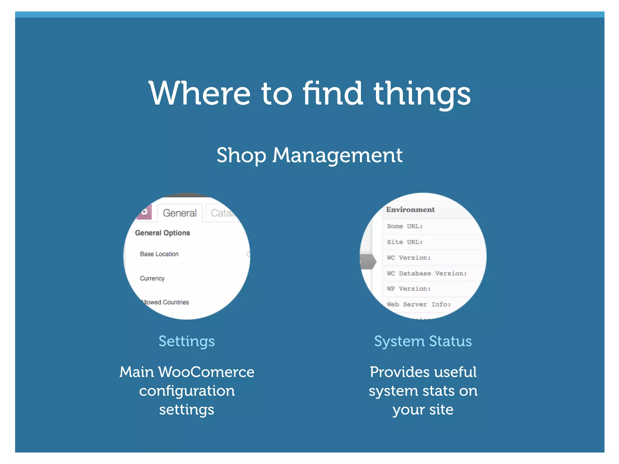 Shop Management
Settings
Main WooComerce
conﬁguration
settings
System Status
Provides useful
system stats on
your site
Where to ﬁnd things
 