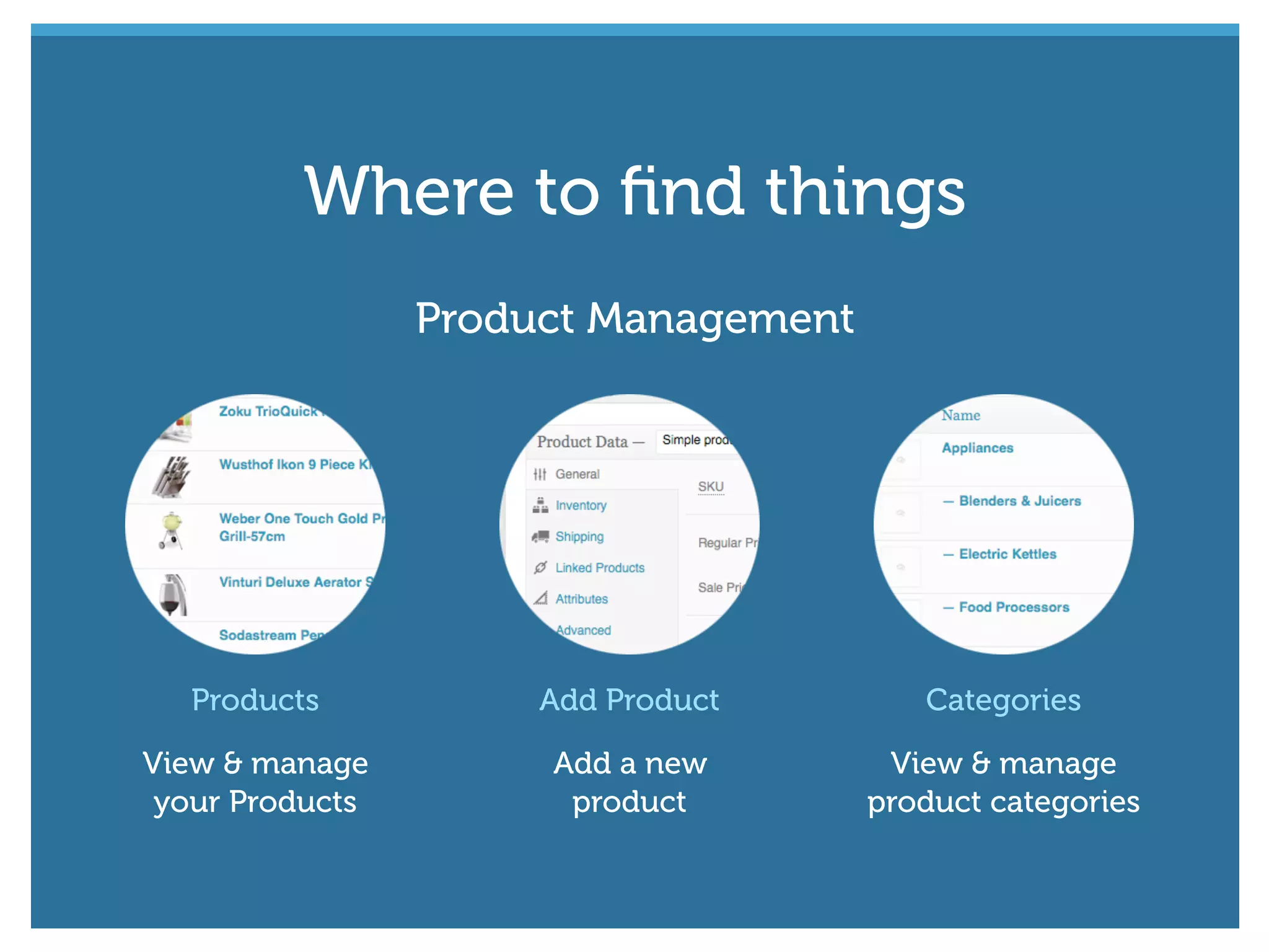 Products
View & manage
your Products
Add Product
Add a new
product
Categories
View & manage
product categories
Product Management
Where to ﬁnd things
 