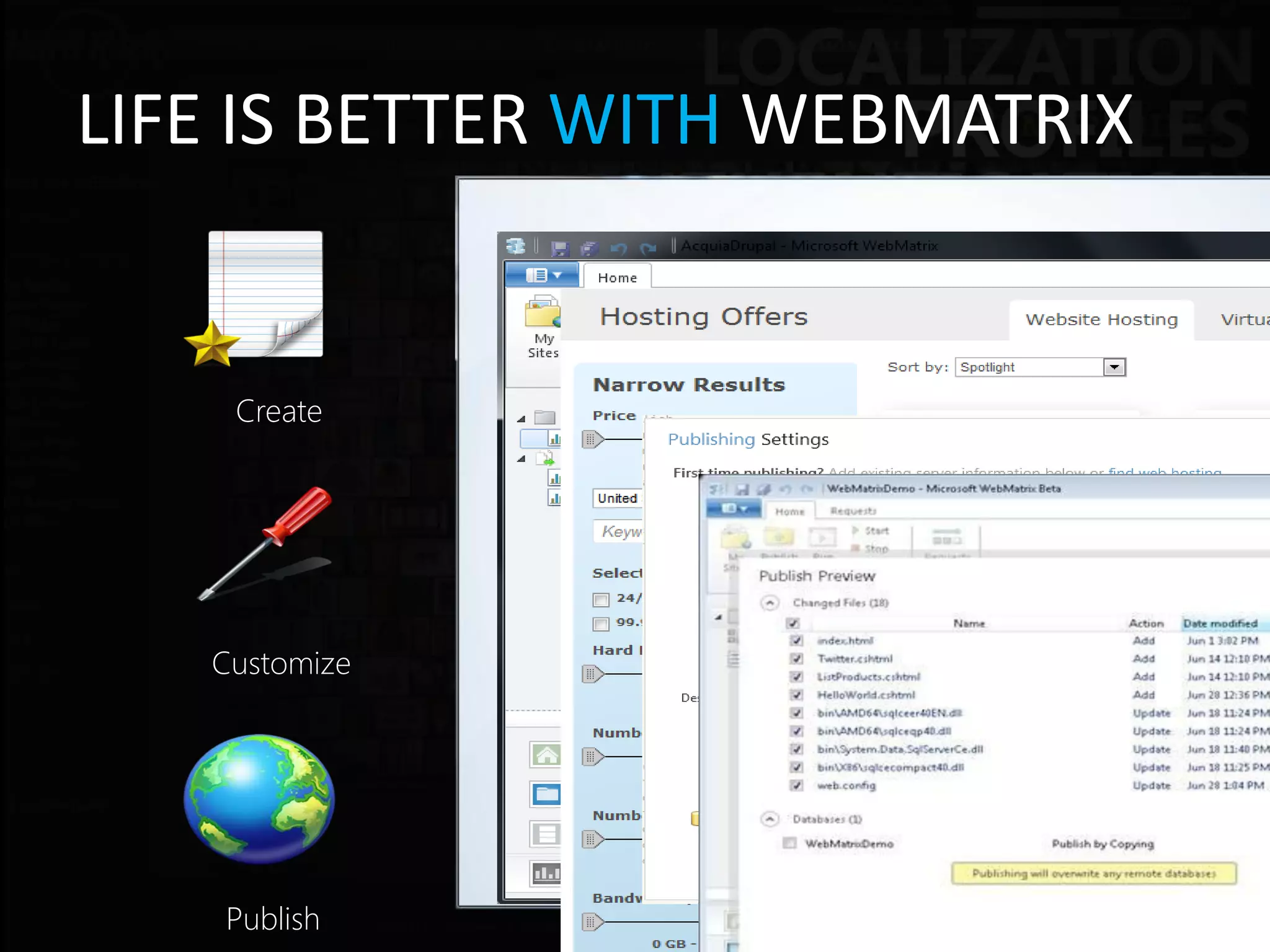 LIFE IS BETTER WITH WEBMATRIX


    Create




   Customize




    Publish
 