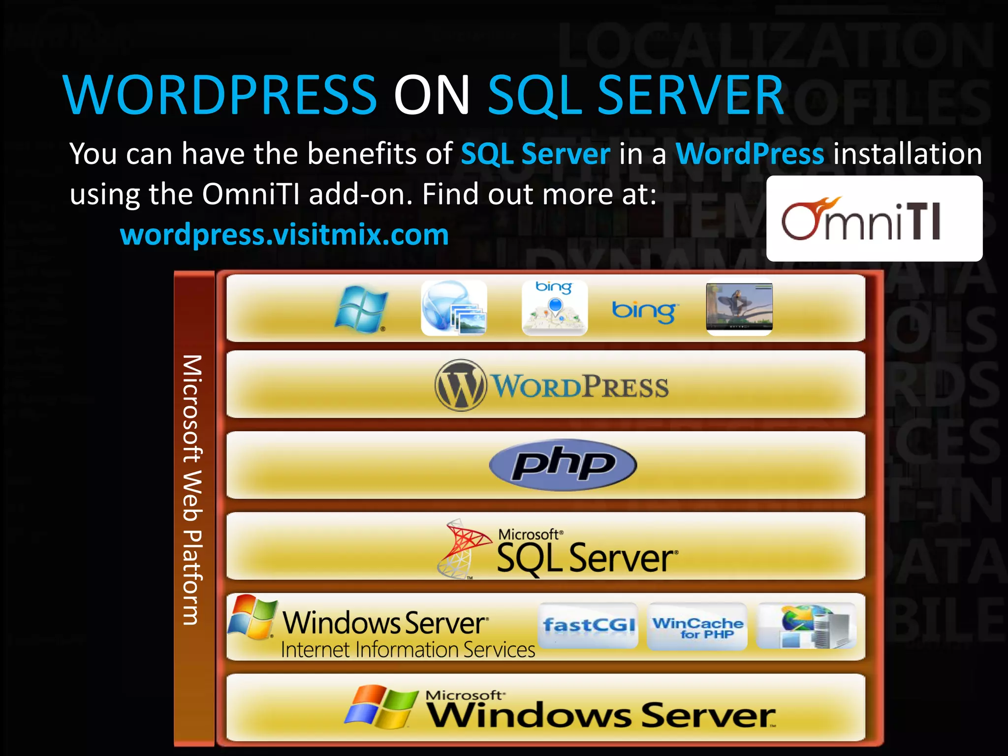 WORDPRESS ON SQL SERVER
You can have the benefits of SQL Server in a WordPress installation
using the OmniTI add-on. Find out more at:
    wordpress.visitmix.com
       Microsoft Web Platform
 