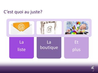 C’est quoi au juste?
La
liste
La
boutique
Et
plus
 