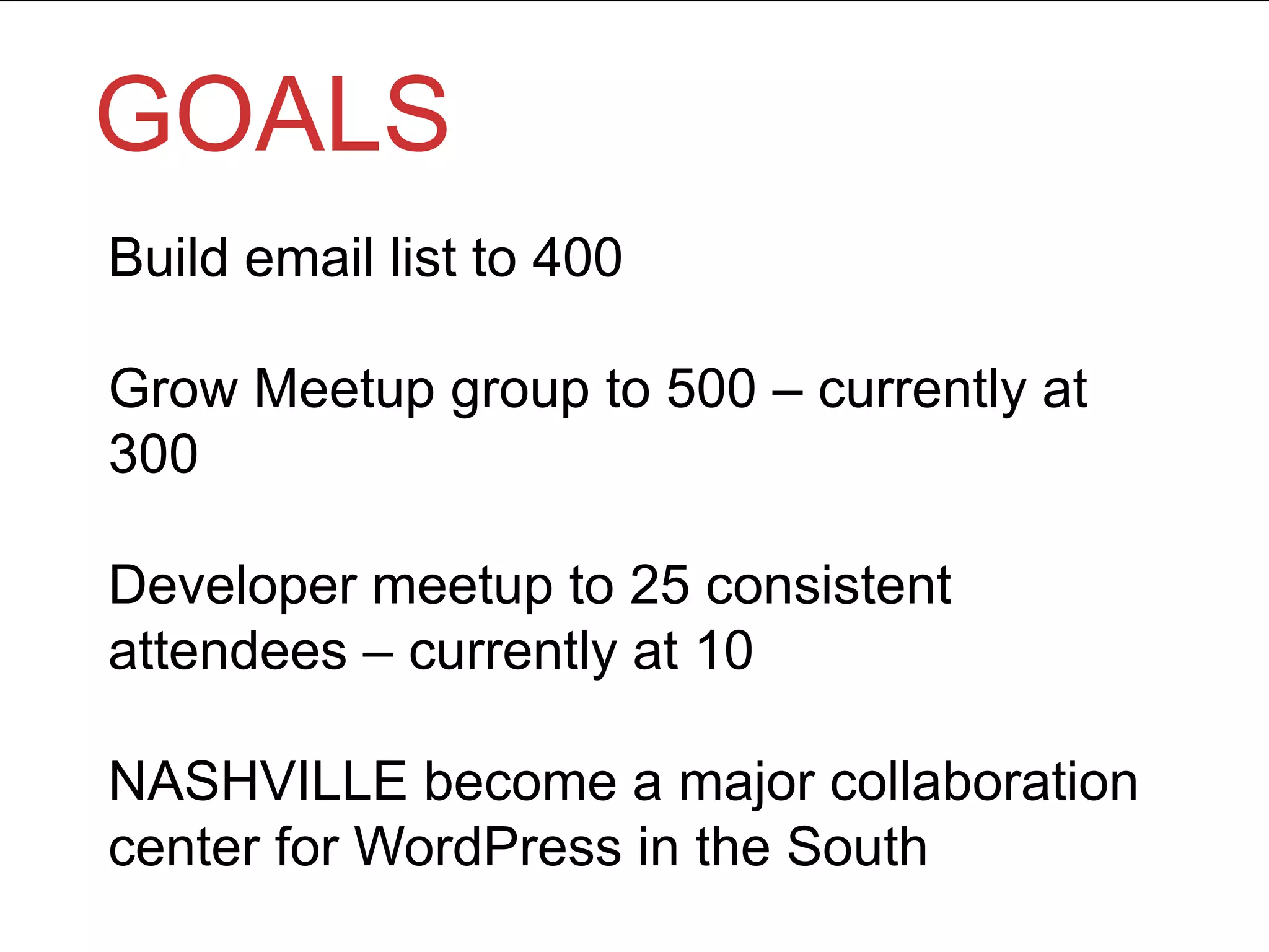 GOALS
Build email list to 400
Grow Meetup group to 500 – currently at
300
Developer meetup to 25 consistent
attendees – currently at 10
NASHVILLE become a major collaboration
center for WordPress in the South
 