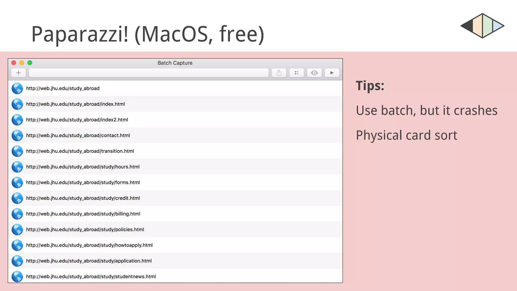 Paparazzi! (MacOS, free)
Tips:
Use batch, but it crashes
Physical card sort
 