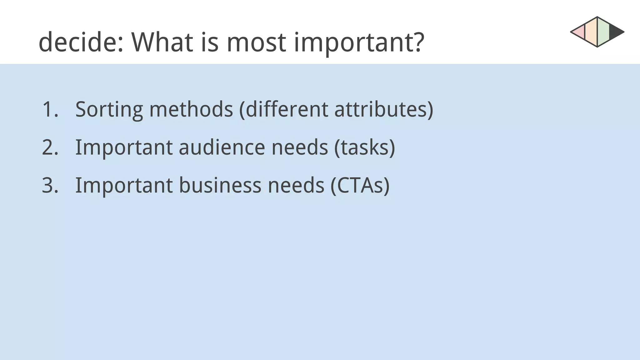 decide: What is most important?
1. Sorting methods (different attributes)
2. Important audience needs (tasks)
3. Important business needs (CTAs)
 
