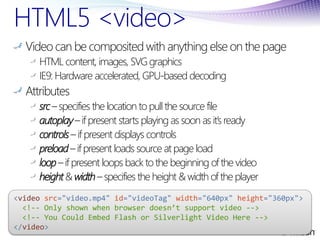 HTML5 <video>
  Video can be composited with anything else on the page
     HTML content, images, SVG graphics
     IE9: H...