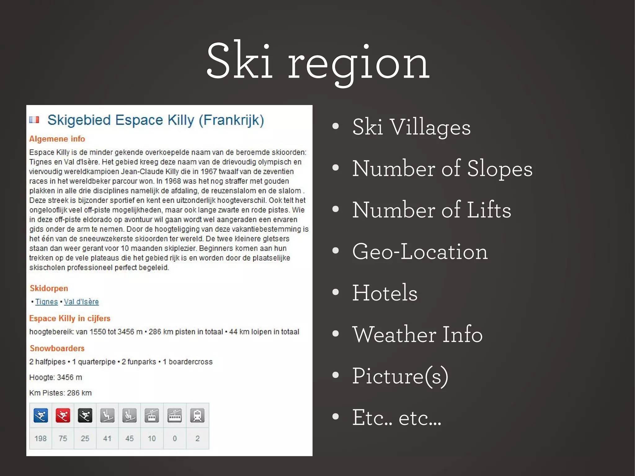 Ski regionSki region
●
Ski Villages
●
Number of Slopes
●
Number of Lifts
●
Geo-Location
●
Hotels
●
Weather Info
●
Picture(s)
●
Etc.. etc...
 