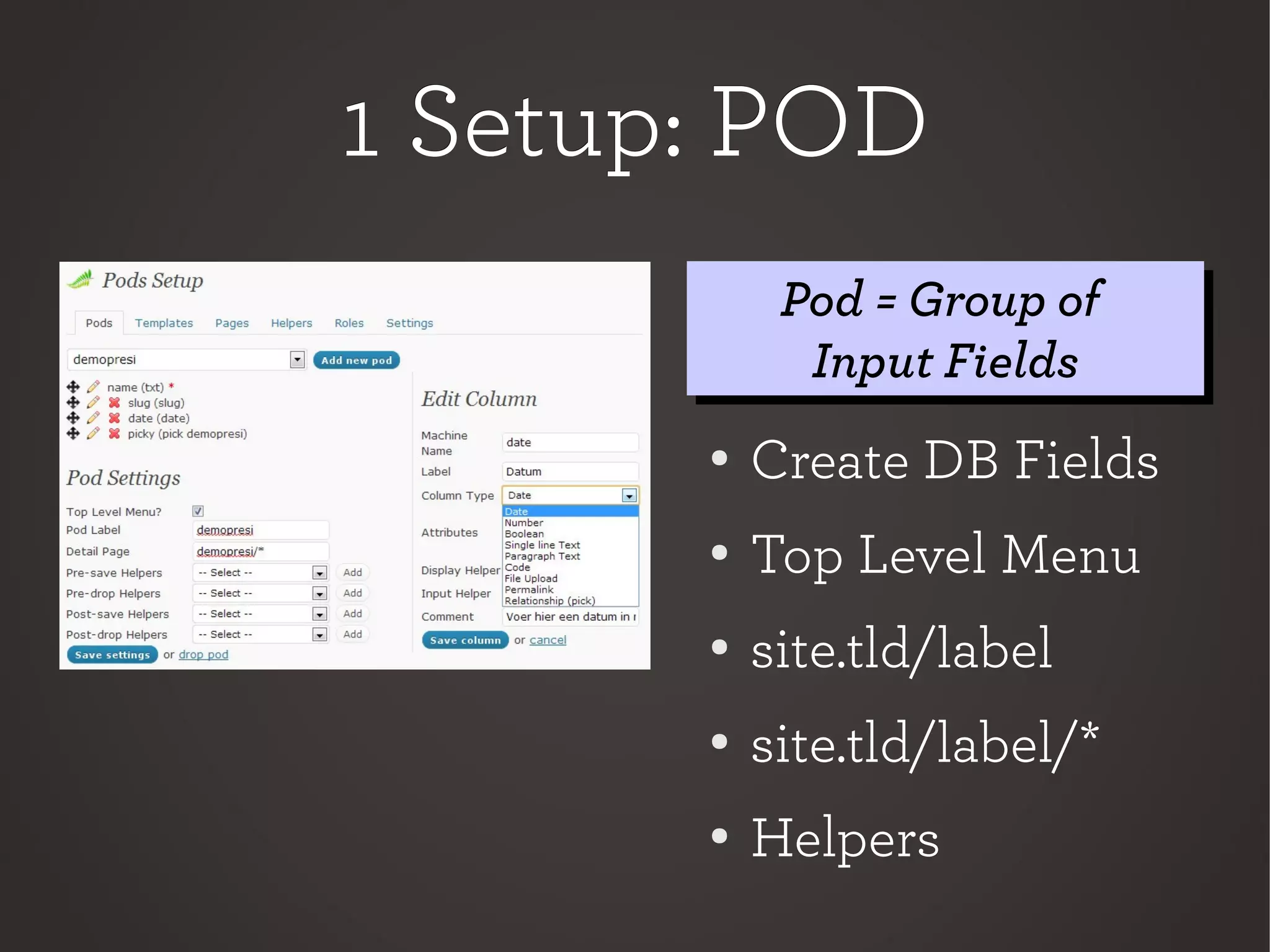 1 Setup: POD1 Setup: POD
● Create DB Fields
●
Top Level Menu
●
site.tld/label
● site.tld/label/*
●
Helpers
Pod = Group of
Input Fields
Pod = Group of
Input Fields
 