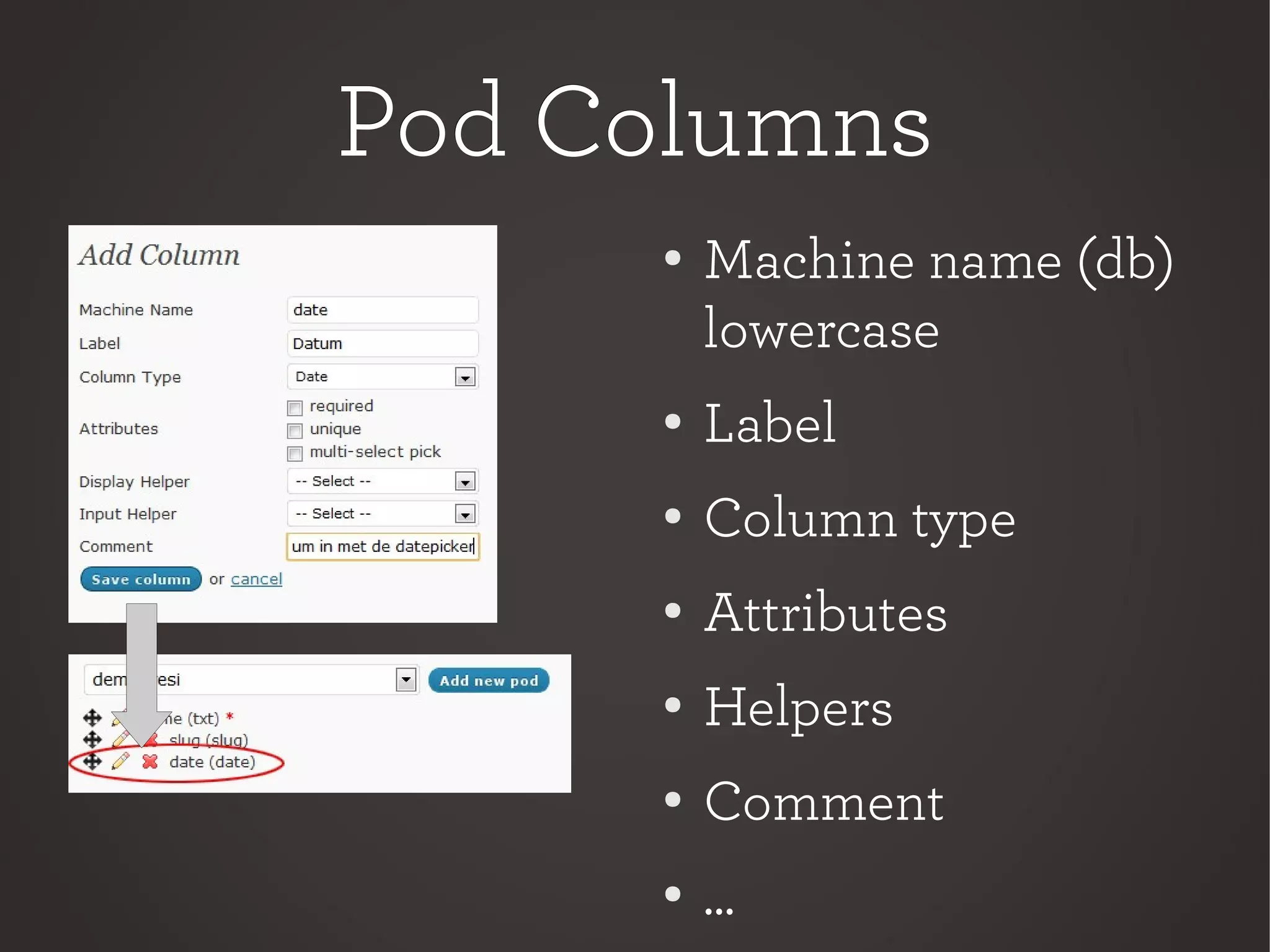 Pod ColumnsPod Columns
●
Machine name (db)
lowercase
●
Label
● Column type
●
Attributes
●
Helpers
● Comment
●
...
 