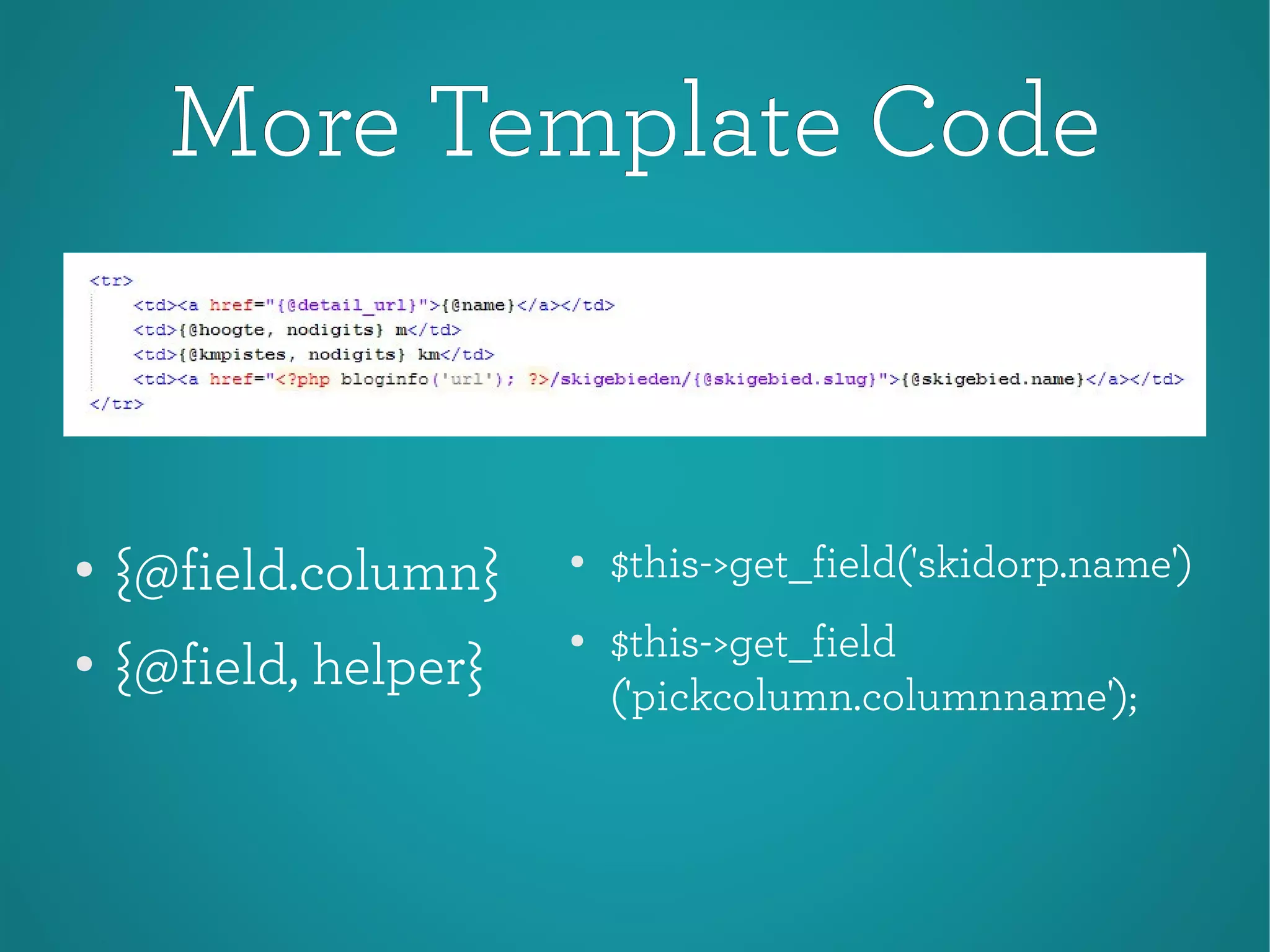 More Template CodeMore Template Code
●
$this->get_field('skidorp.name')
●
$this->get_field
('pickcolumn.columnname');
●
{@field.column}
●
{@field, helper}
 