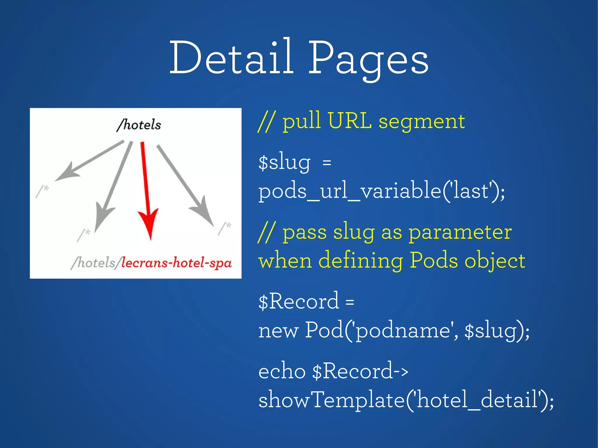 Detail PagesDetail Pages
// pull URL segment
$slug =
pods_url_variable('last');
// pass slug as parameter
when defining Pods object
$Record =
new Pod('podname', $slug);
echo $Record->
showTemplate('hotel_detail');
 