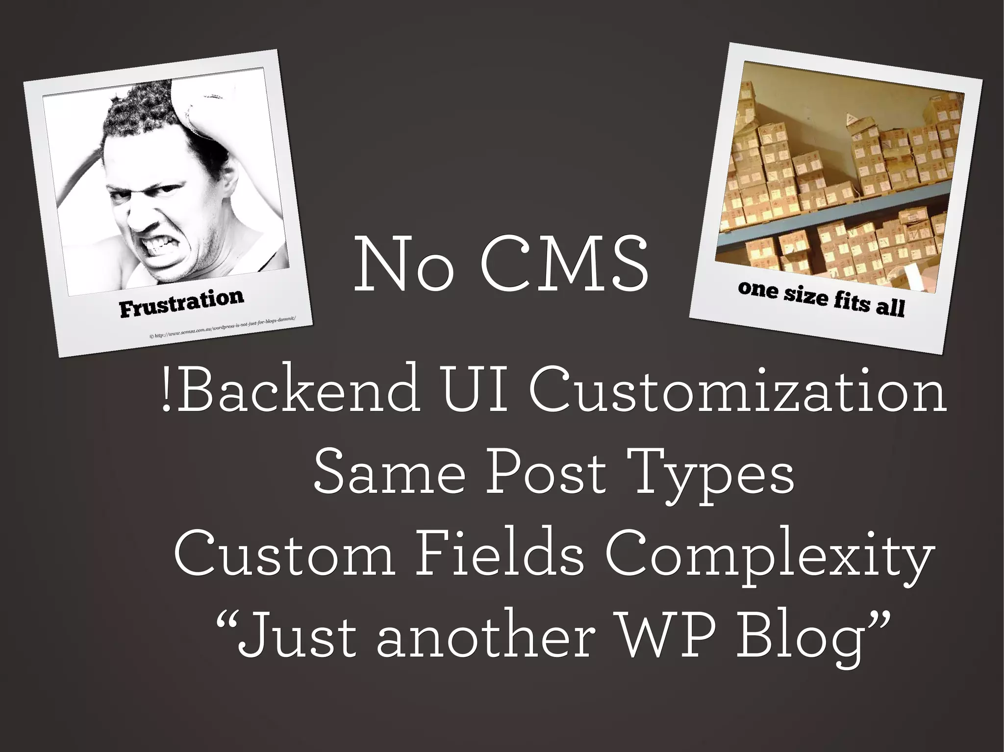 No CMSNo CMS
!Backend UI Customization!Backend UI Customization
Same Post TypesSame Post Types
Custom Fields ComplexityCustom Fields Complexity
““Just another WP Blog”Just another WP Blog”
 