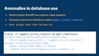 Anomalies in database use
● Weird empty WordPress options value updates
● Unusual requests to database table wpgdprc_acces...