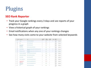 Plugins
SEO Rank Reporter
• Track your Google rankings every 3 days and see reports of your
  progress in a graph
• View a...