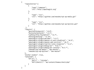 {	
				"repositories":[	
								{	
												"type":"composer",	
												"url":"http://wpackagist.org"	
								},	
								{	
												"type":	"vcs",	
												"url":	"https://github.com/newsdev/nyt-wp-media.git"	
								},	
								{	
												"type":	"vcs",	
												"url":	"https://github.com/newsdev/nyt-wp-bylines.git"	
								}	
	 ],	
				"require":	{	
								"guzzlehttp/guzzle":	"~6.0",	
								"mustache/mustache":	"~2.5",	
								"symfony/http-foundation":	"~2.7",	
								"monolog/monolog":	"~1.14",	
								"wpackagist-plugin/akismet":	"~3.1",	
								"wpackagist-plugin/amazon-s3-and-cloudfront":	"~0.9",	
								"wpackagist-plugin/amazon-web-services":	"~0.3",	
								"wpackagist-plugin/rewrite-rules-inspector":	"~1.2",	
								"wpackagist-plugin/debug-bar":	"0.8.*",	
								"wpackagist-plugin/debug-bar-console":	"0.3.*",	
								"newsdev/nyt-wp-media":	"dev-master",	
								"newsdev/nyt-wp-bylines":	"dev-master"	
				},	
				"prefer-stable":	true,	
				"autoload":	{	
	 			"psr-4":	{	
	 	 		"NYT"	:	"lib/php",	
	 	 		"NYTShell":	"wp-content/themes/shell/php"	
	 			}	
				}	
}
 