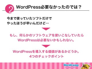 WordPress必要なかったのでは？
2
今まで使っていたソフトだけで
やったほうが早いんだけど…


もし、何らかのソフトウェアを使いこなしていたら
  WordPressは必要ないかもしれない。


 WordPressを導入する価値があるかどうか。
         4つのチェックポイント
 