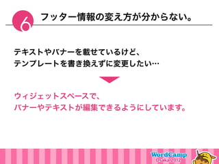 フッター情報の変え方が分からない。
6
テキストやバナーを載せているけど、
テンプレートを書き換えずに変更したい…



ウィジェットスペースで、
バナーやテキストが編集できるようにしています。
 