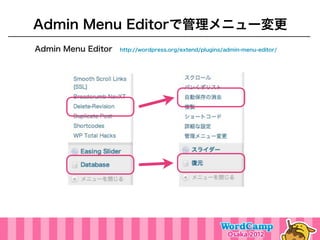 Admin Menu Editorで管理メニュー変更
Admin Menu Editor http://wordpress.org/extend/plugins/admin-menu-editor/
 