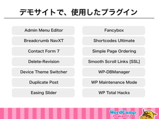 デモサイトで、使用したプラグイン

 Admin Menu Editor             Fancybox

 Breadcrumb NavXT         Shortcodes Ultimate

   Contact Form 7        Simple Page Ordering

   Delete-Revision      Smooth Scroll Links [SSL]

Device Theme Switcher       WP-DBManager

    Duplicate Post       WP Maintenance Mode

    Easing Slider           WP Total Hacks
 