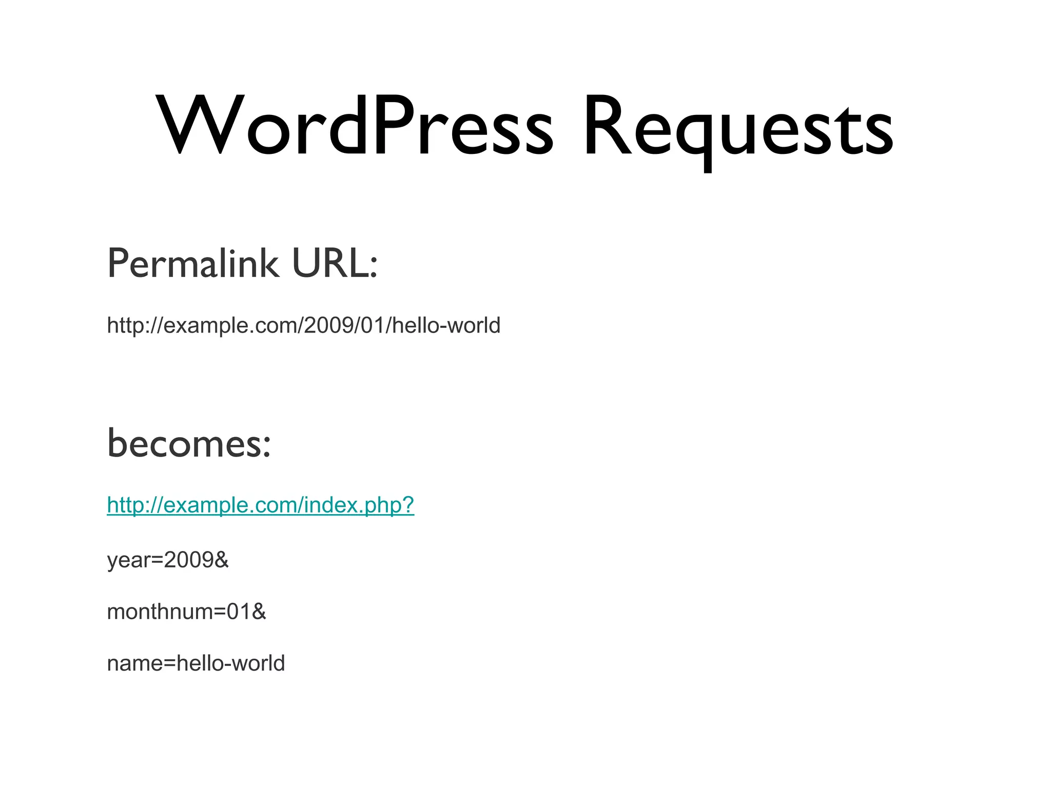 WordPress Requests Permalink URL: http://example.com/2009/01/hello-world becomes: http://example.com/index.php? year=2009& monthnum=01& name=hello-world 