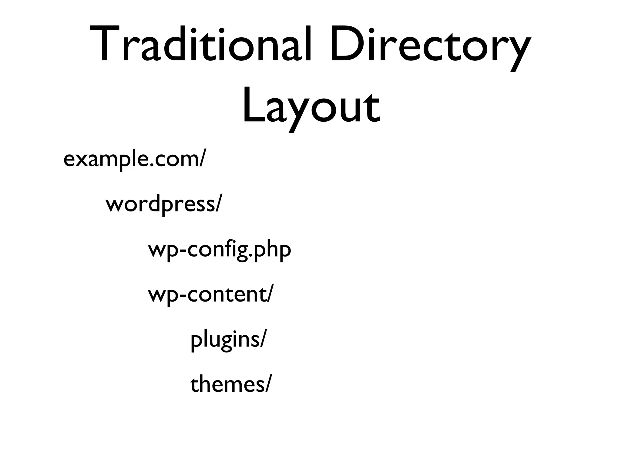 Traditional Directory Layout example.com/ wordpress/ wp-config.php wp-content/ plugins/ themes/ 