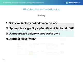 @DRIMALKA: Wordpress jako ideální nástroj chytrých marketérů
24
Příležitosti kolem Wordpressu
Šablony
1. Graﬁcké šablony nakódované do WP
2. Spolupráce s graﬁky a předělávání šablon do WP
3. Jednoduché šablony v moderním stylu
4. Jednoúčelové weby
 