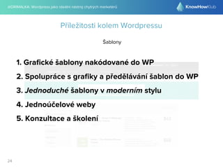 @DRIMALKA: Wordpress jako ideální nástroj chytrých marketérů
24
Příležitosti kolem Wordpressu
Šablony
1. Graﬁcké šablony nakódované do WP
2. Spolupráce s graﬁky a předělávání šablon do WP
3. Jednoduché šablony v moderním stylu
4. Jednoúčelové weby
5. Konzultace a školení
 