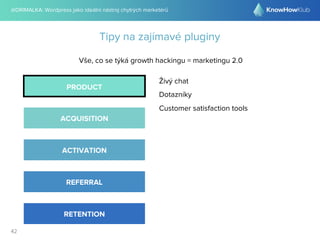 @DRIMALKA: Wordpress jako ideální nástroj chytrých marketérů
42
Tipy na zajímavé pluginy
Vše, co se týká growth hackingu = marketingu 2.0
PRODUCT
ACQUISITION
ACTIVATION
REFERRAL
RETENTION
Živý chat
Dotazníky
Customer satisfaction tools
 