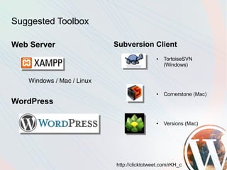 Suggested Toolbox

Web Server                 Subversion Client
                                            ●   TortoiseSVN
                                                (Windows)


   Windows / Mac / Linux
                                            ●   Cornerstone (Mac)
WordPress

                                            ●   Versions (Mac)




                           http://clicktotweet.com/rKH_c
 