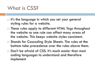 What is CSS?
¨  It’s the language in which you set your general
styling rules for a website.
¨  These rules apply to different HTML Tags throughout
the website so one rule can affect many areas of
the website. This keeps website styles consistent.
¨  Stands for Cascading Style Sheets. The rules at the
bottom take precedence over the rules above them.
¨  Don’t be afraid of CSS. It’s much easier than most
coding languages to understand and therefore
implement
 