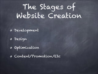 The Stages of
Website Creation
Development
Design
Optimization
Content/Promotion/Etc

 