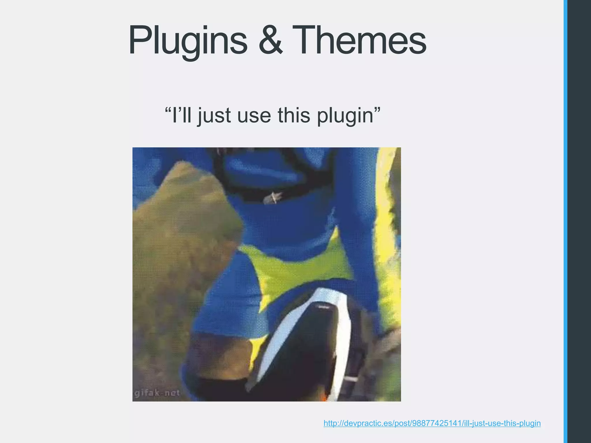Plugins & Themes 
“I’ll just use this plugin” 
http://devpractic.es/post/98877425141/ill-just-use-this-plugin 
 