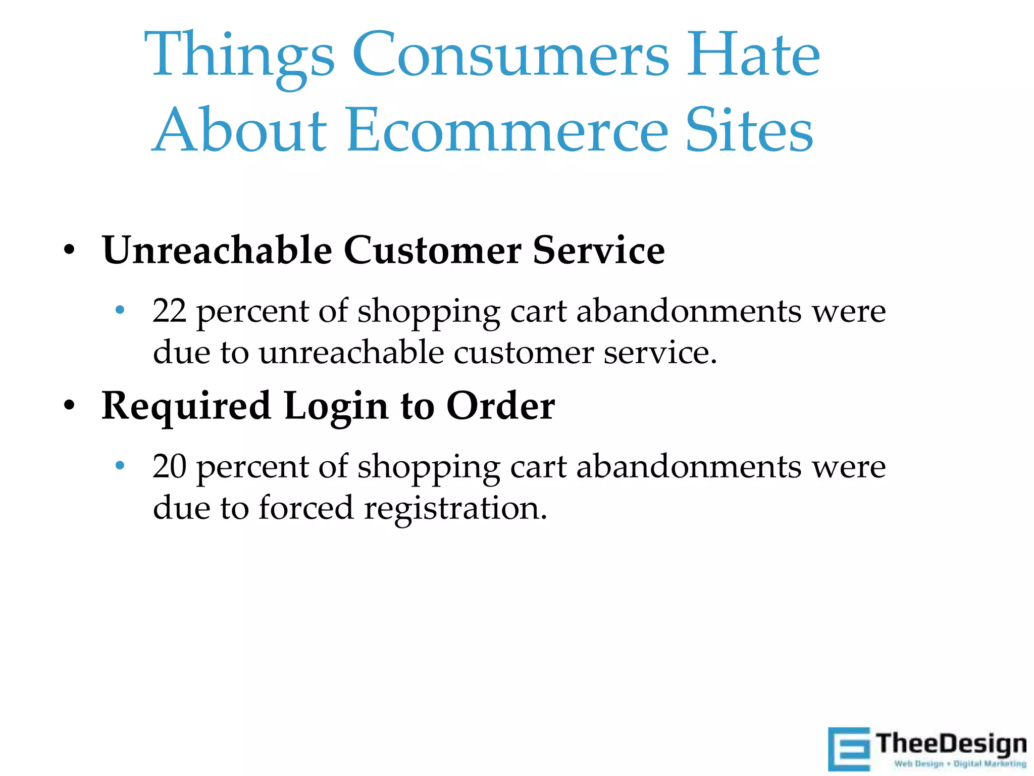 • Unreachable Customer Service
• 22 percent of shopping cart abandonments were
due to unreachable customer service.
• Required Login to Order
• 20 percent of shopping cart abandonments were
due to forced registration.
Things Consumers Hate
About Ecommerce Sites
 